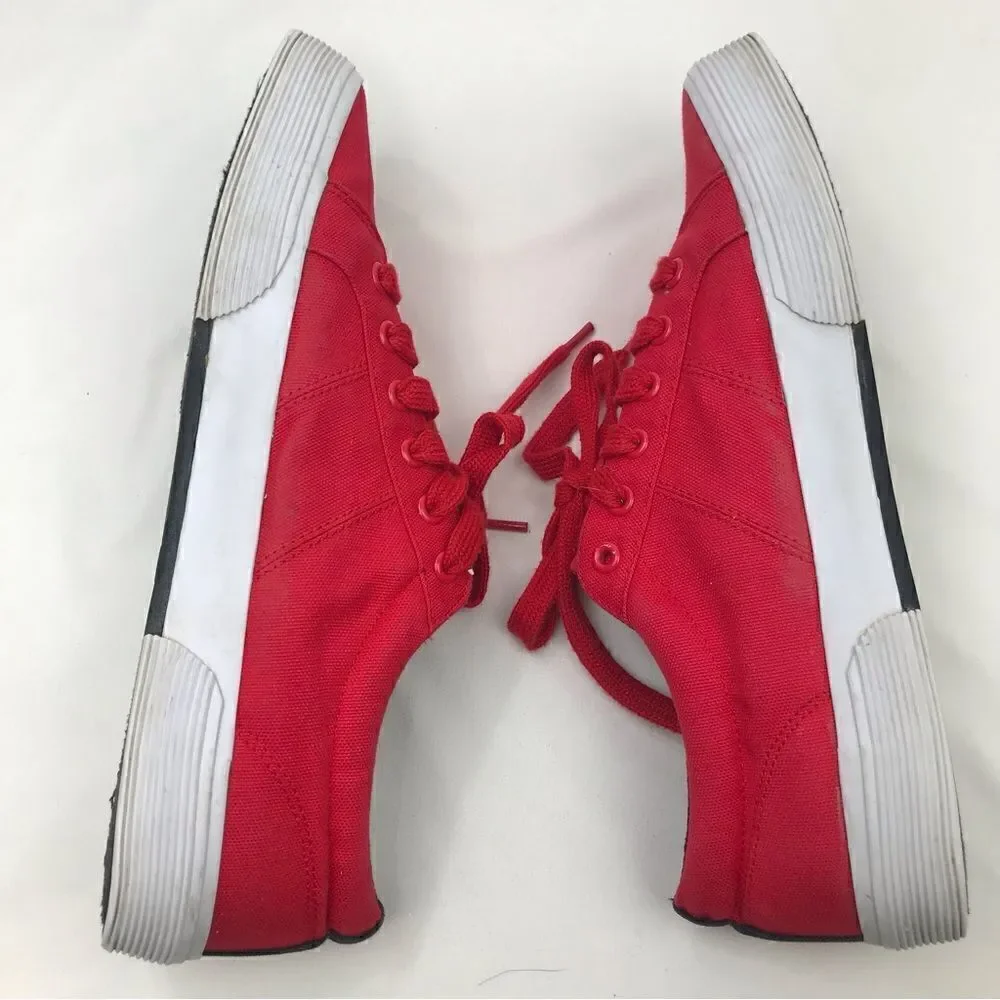 Polo Ralph Lauren Red Canvas Lace Up Deck Boat Shoes with Black Logo